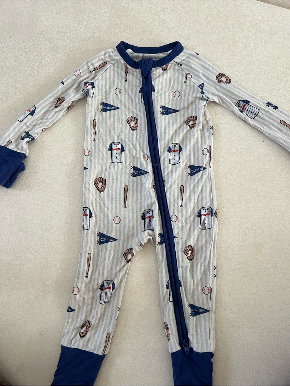 In My Jammer Baseball Print Long-Sleeve Kids One-Piece - White & Navy